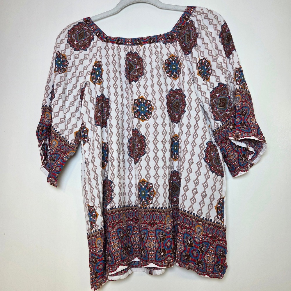 Mittoshop Womens Boho Medallion Print Square Neck 3/4 Sleeve Rayon Blouse Medium